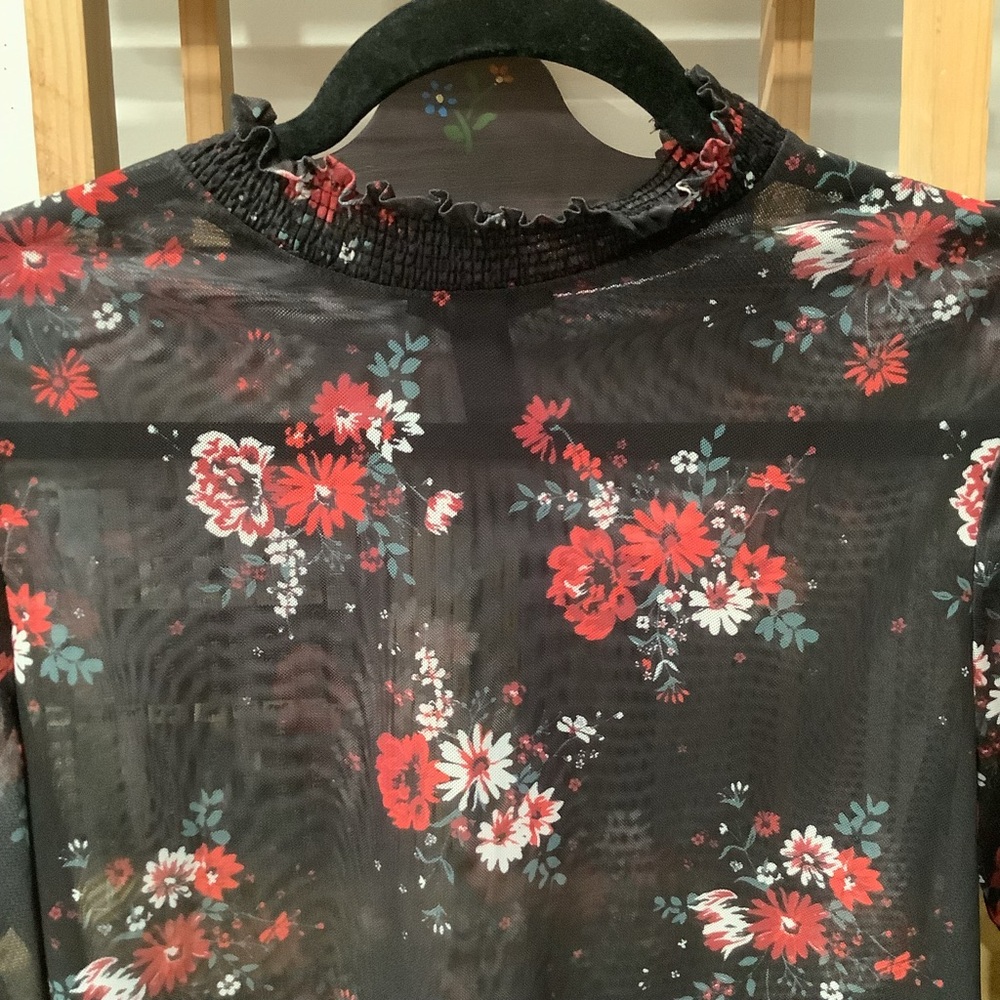Vintage Y2K Sheer Mesh Black Red Floral Long Sleeve Top Size L Whimsygoth - Picture 3 of 8